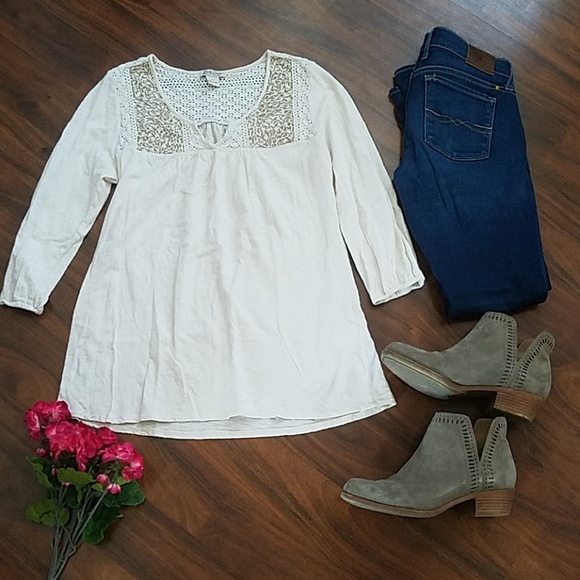Lucky Brand Tops - Lucky Brand Cream Top with Gold Embroidery